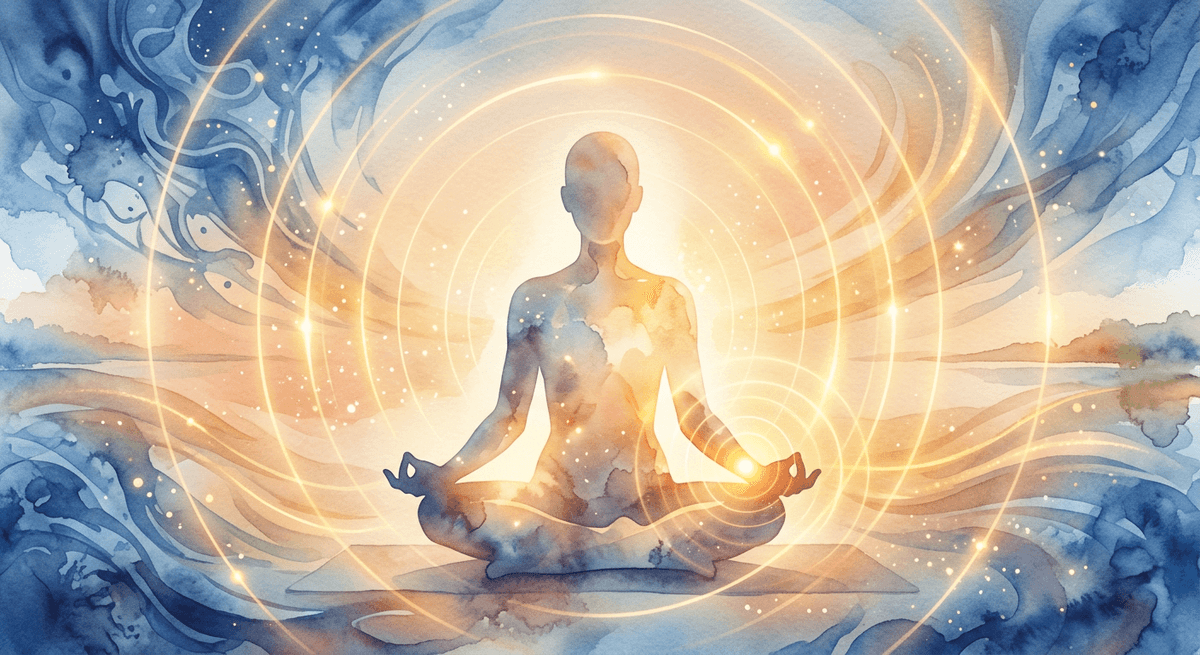 O siluetă în acuarelă, în meditație, înconjurată de cercuri de lumină aurie și de valuri albastre