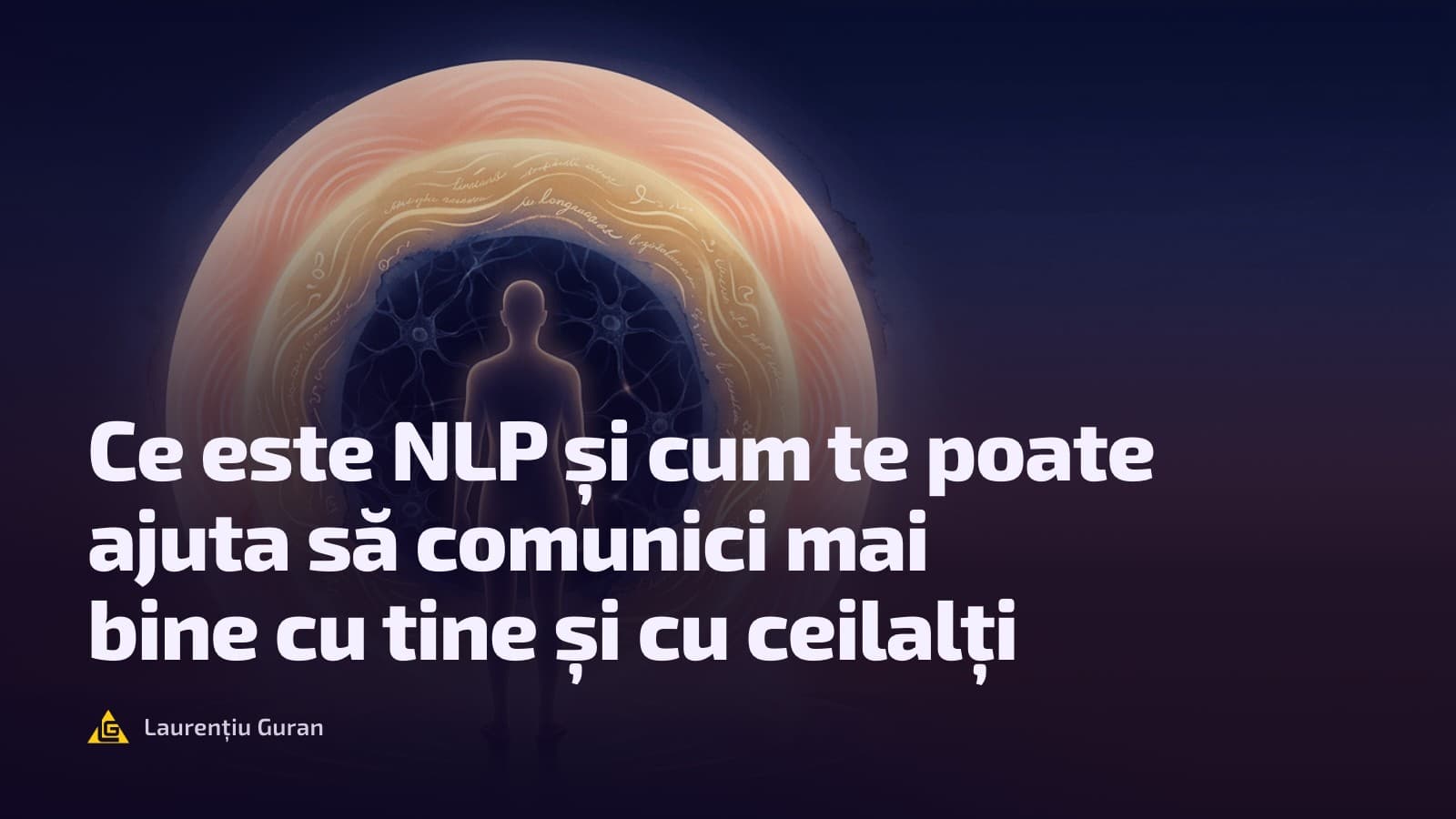O siluetă umană în fața unui cerc de inele calde, luminoase, cu o rețea de neuroni în centru, deasupra apei