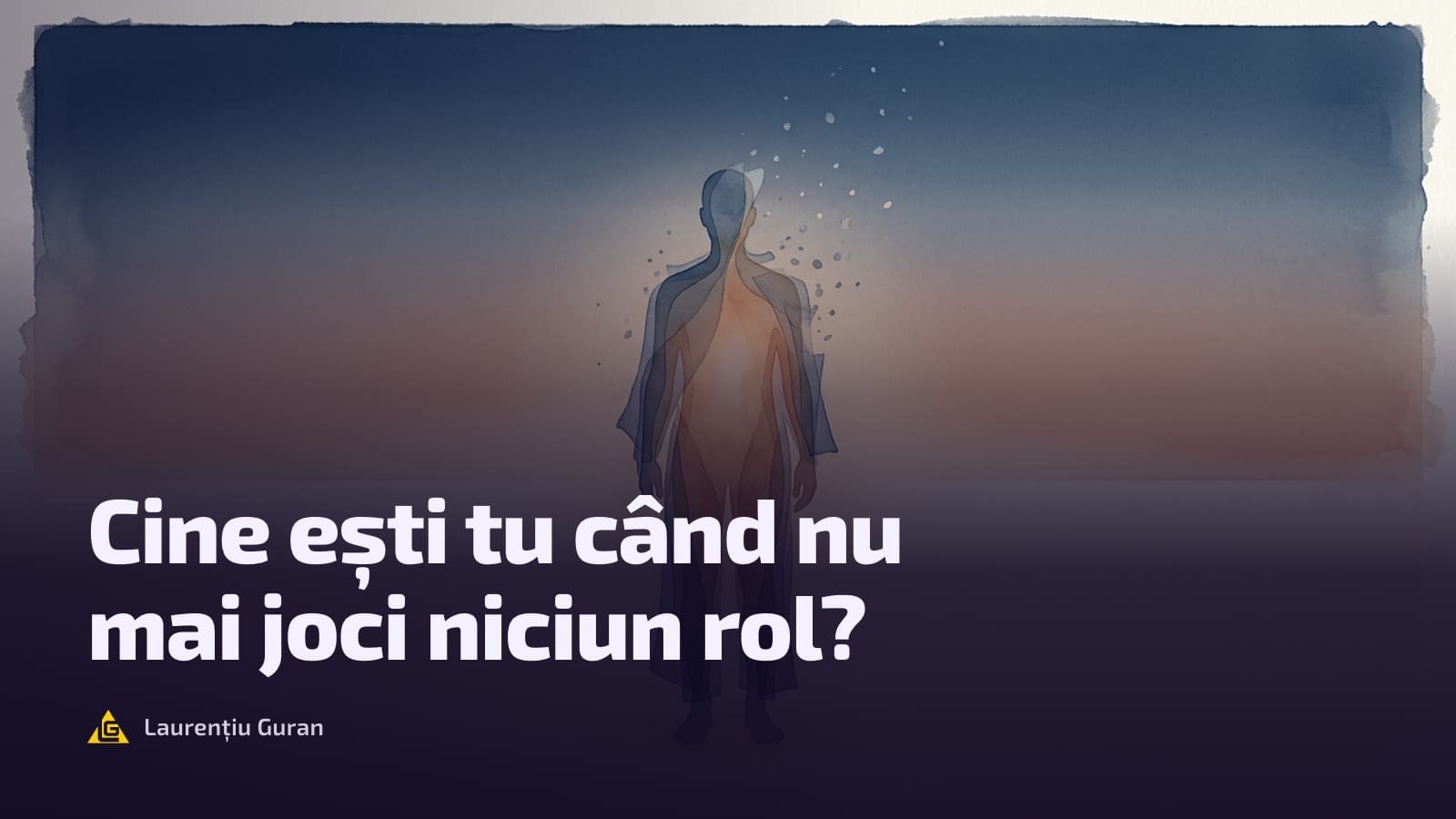 O siluetă translucidă în acuarelă, cu o lumină caldă în piept, ale cărei haine se destramă în particule spre cer