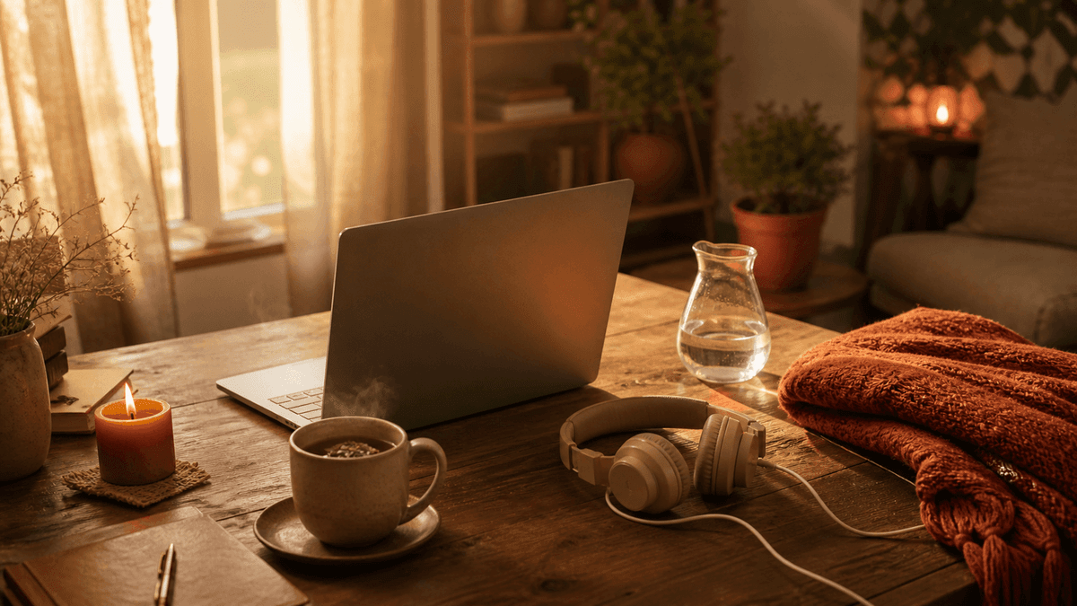 Un birou de lemn pregătit pentru ședința online: laptop, căști, o cană de cafea, o lumânare, un pahar cu apă și un pled