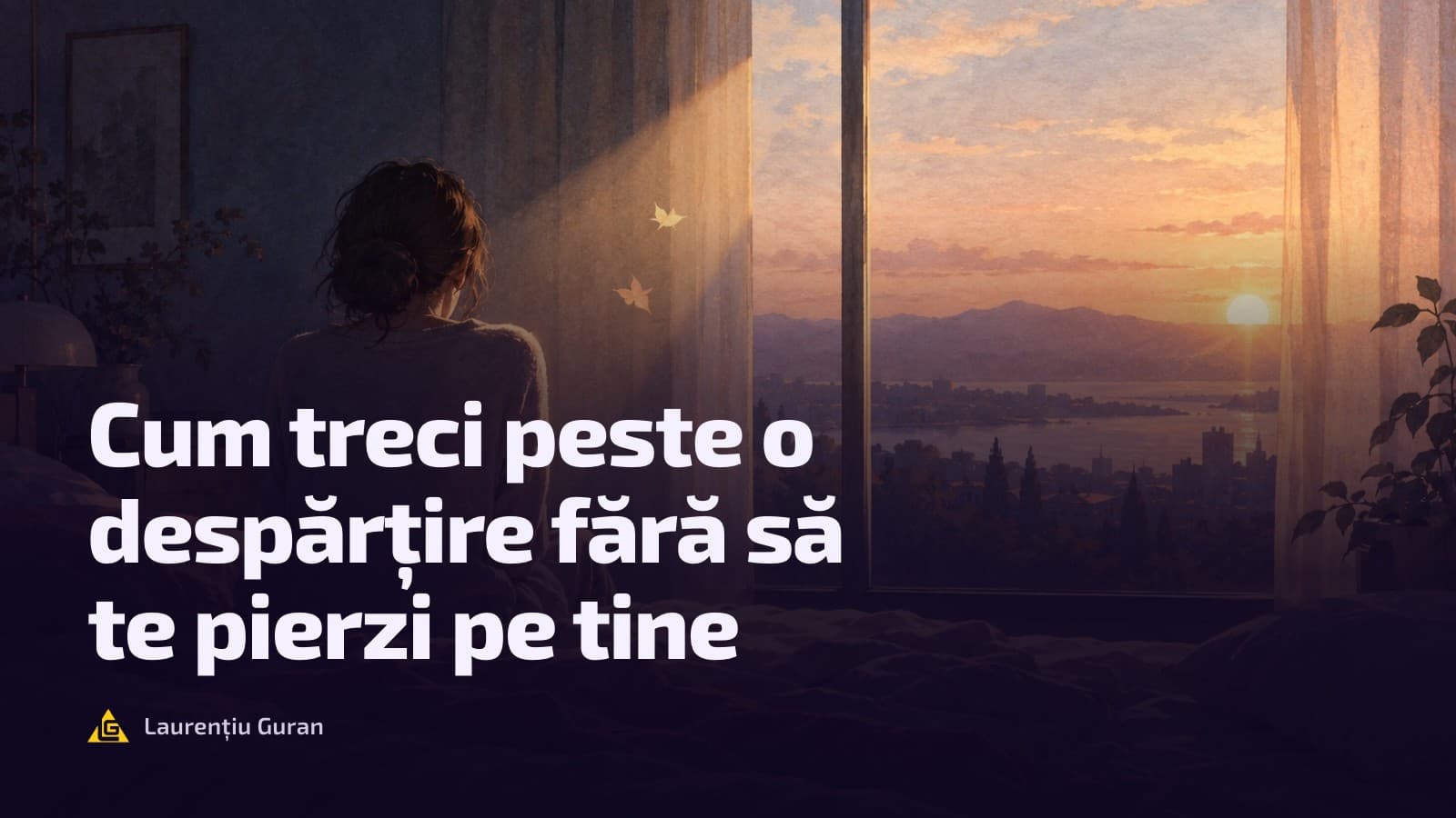 Persoană văzută din spate, pe marginea patului în zori, cu telefonul întors pe pătură și lumină caldă la fereastră