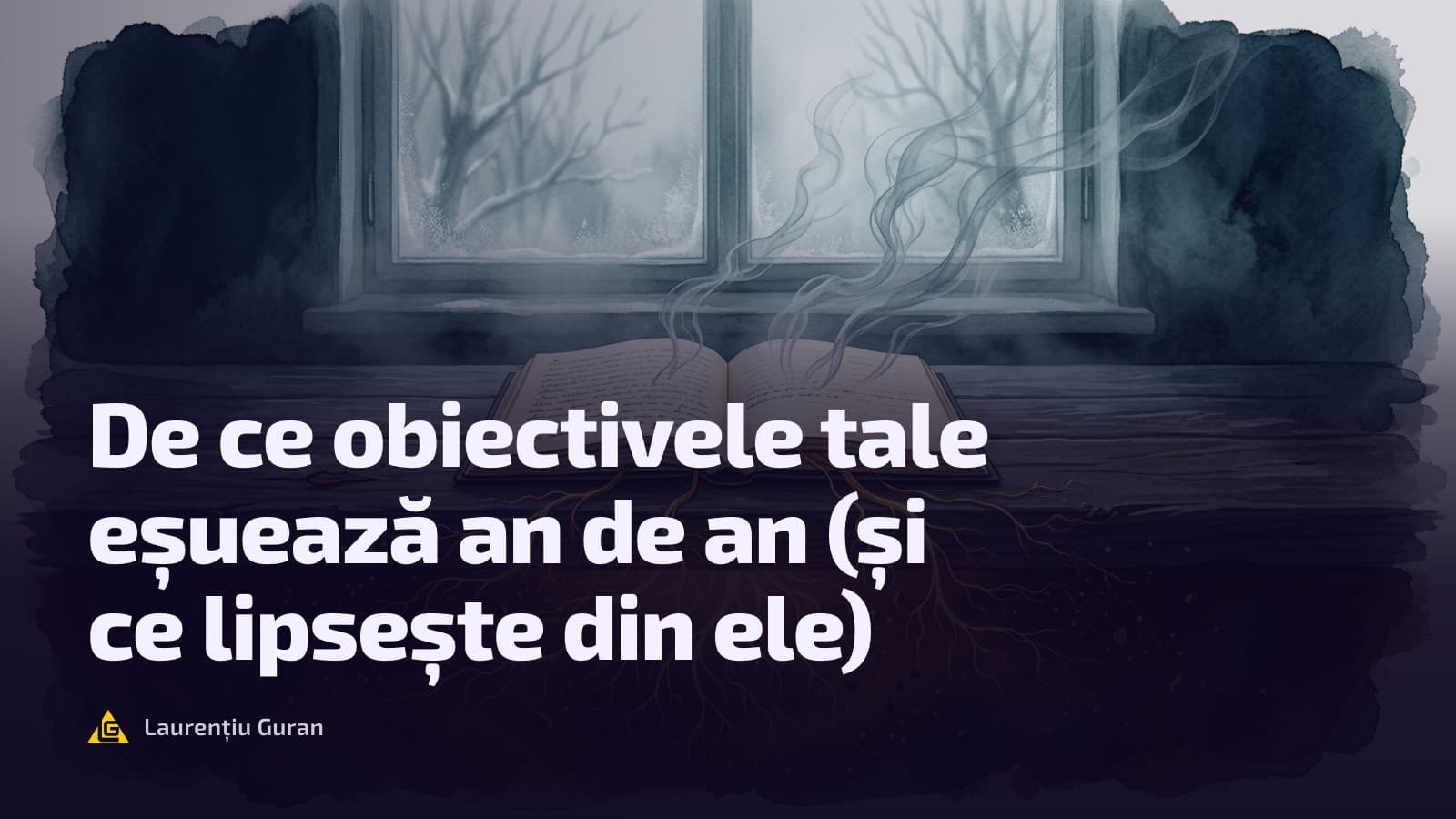 O carte deschisă pe pervazul unei ferestre de iarnă, din care pornesc în jos rădăcini aurii, în acuarelă