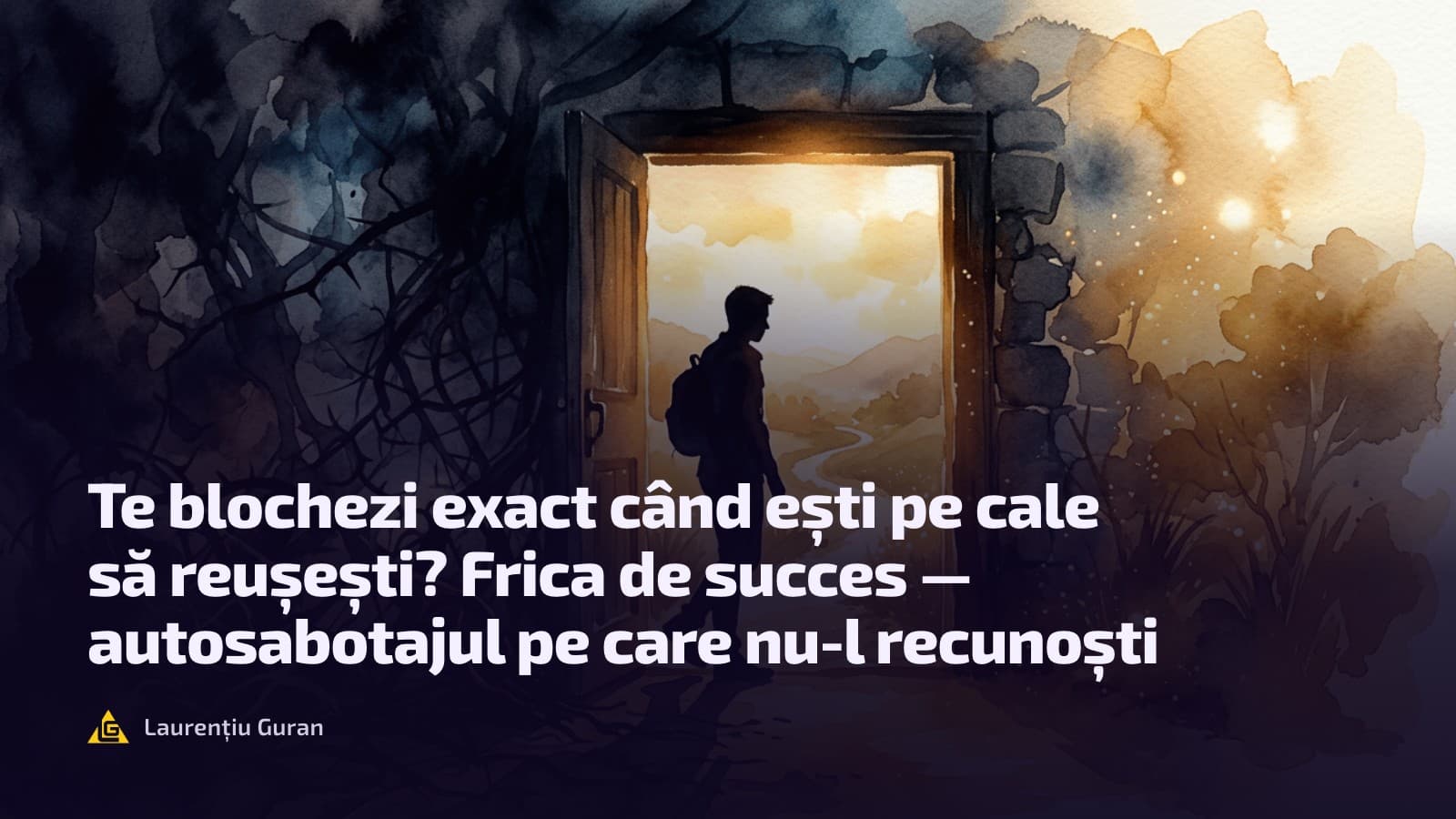 Un bărbat cu rucsac care iese dintr-un hățiș întunecat printr-o ușă deschisă spre un drum însorit, în acuarelă