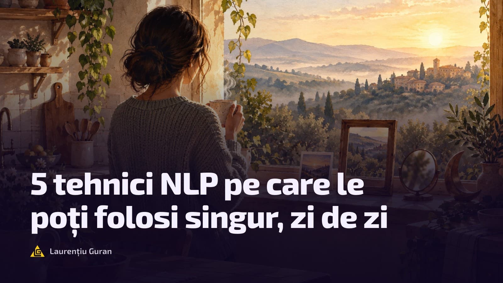 Persoană văzută din spate în bucătărie, cu o cană de cafea aburindă, lângă cinci obiecte mici luminoase pe pervaz