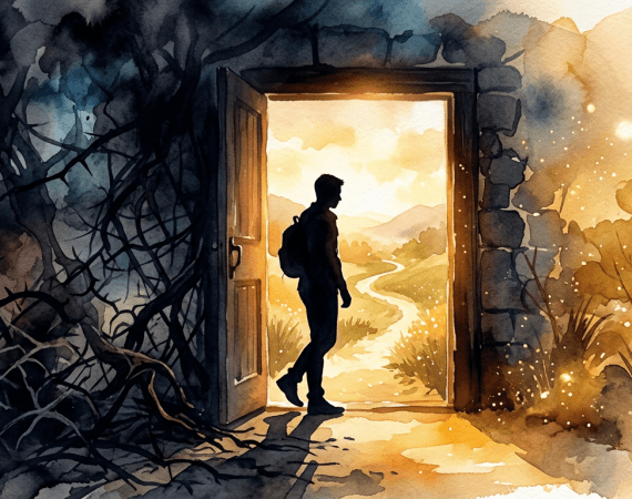 A silhouette of a person standing at the edge of a brightly lit open door, hesitating to step through. Behind them, dark tang