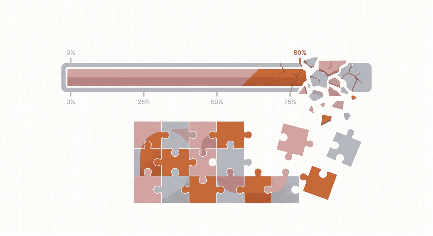 An abstract illustration showing a project progress bar at 80 percent that cracks and crumbles at the end, alongside scattere