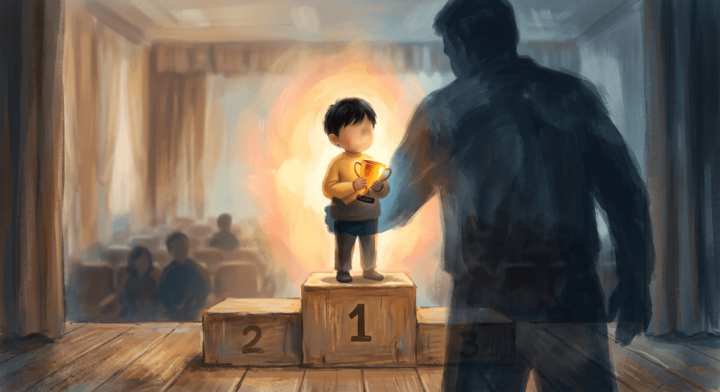 A child standing on a winner's podium in a school auditorium, holding a small trophy, while a large looming shadow of an adul