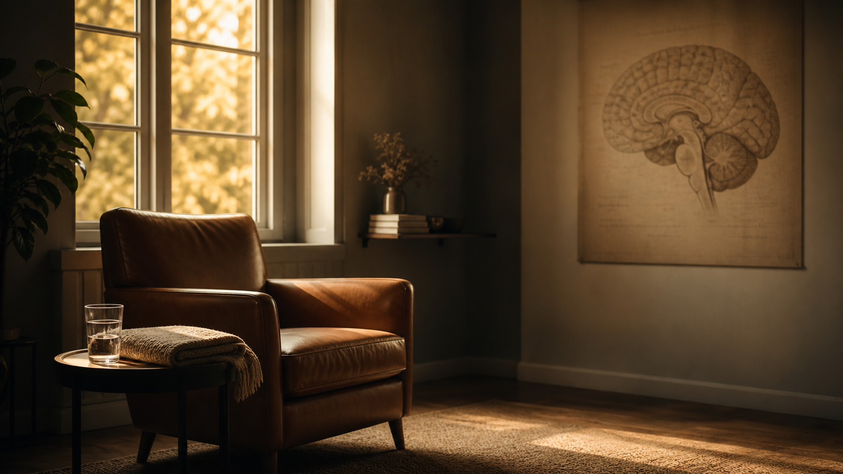 A serene therapy room photographed in soft warm light: a single empty leather armchair beside a small side table holding a gl