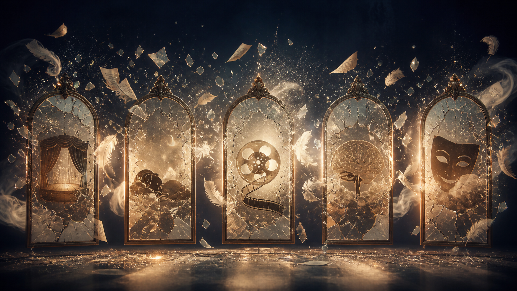 Five vintage glass panes arranged in a slightly arched row, each pane cracking and shattering in slow motion, with shards sus