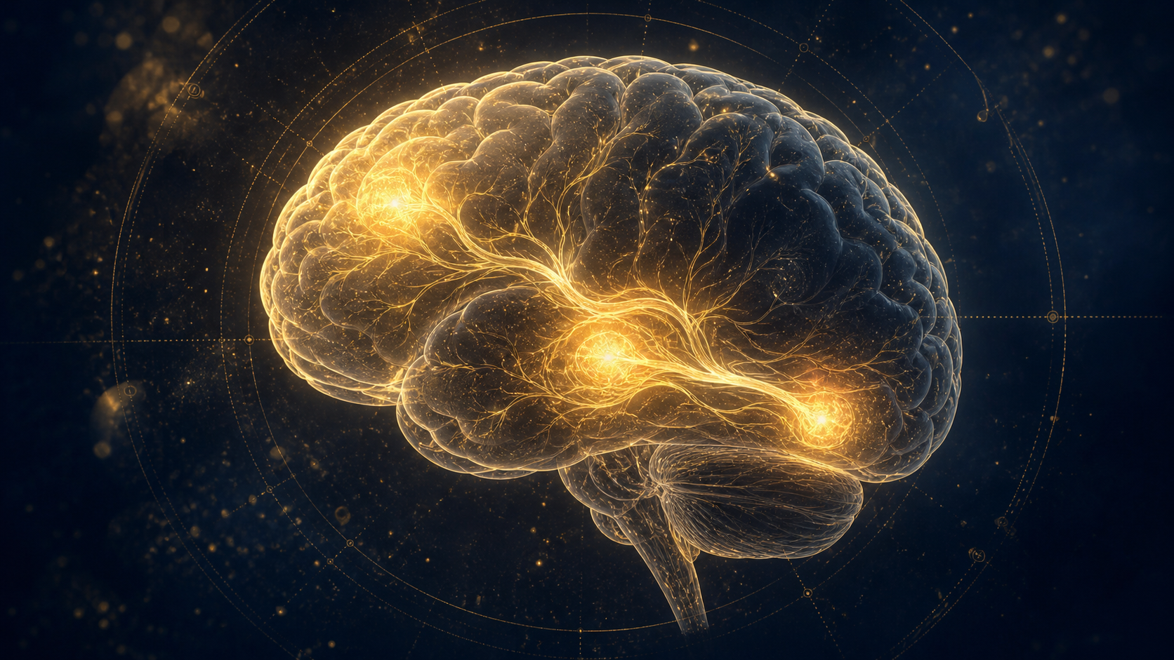 A translucent human brain rendered as a glowing topographical landscape, suspended in a deep indigo void, with three distinct
