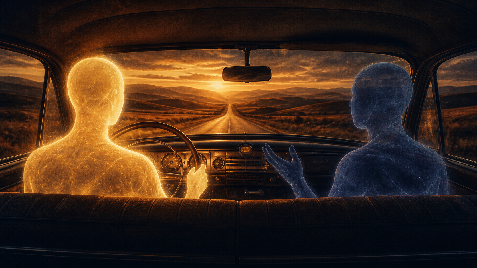 A surreal interior view of a vintage car at twilight, photographed from the back seat angle: in the driver's seat sits a soft