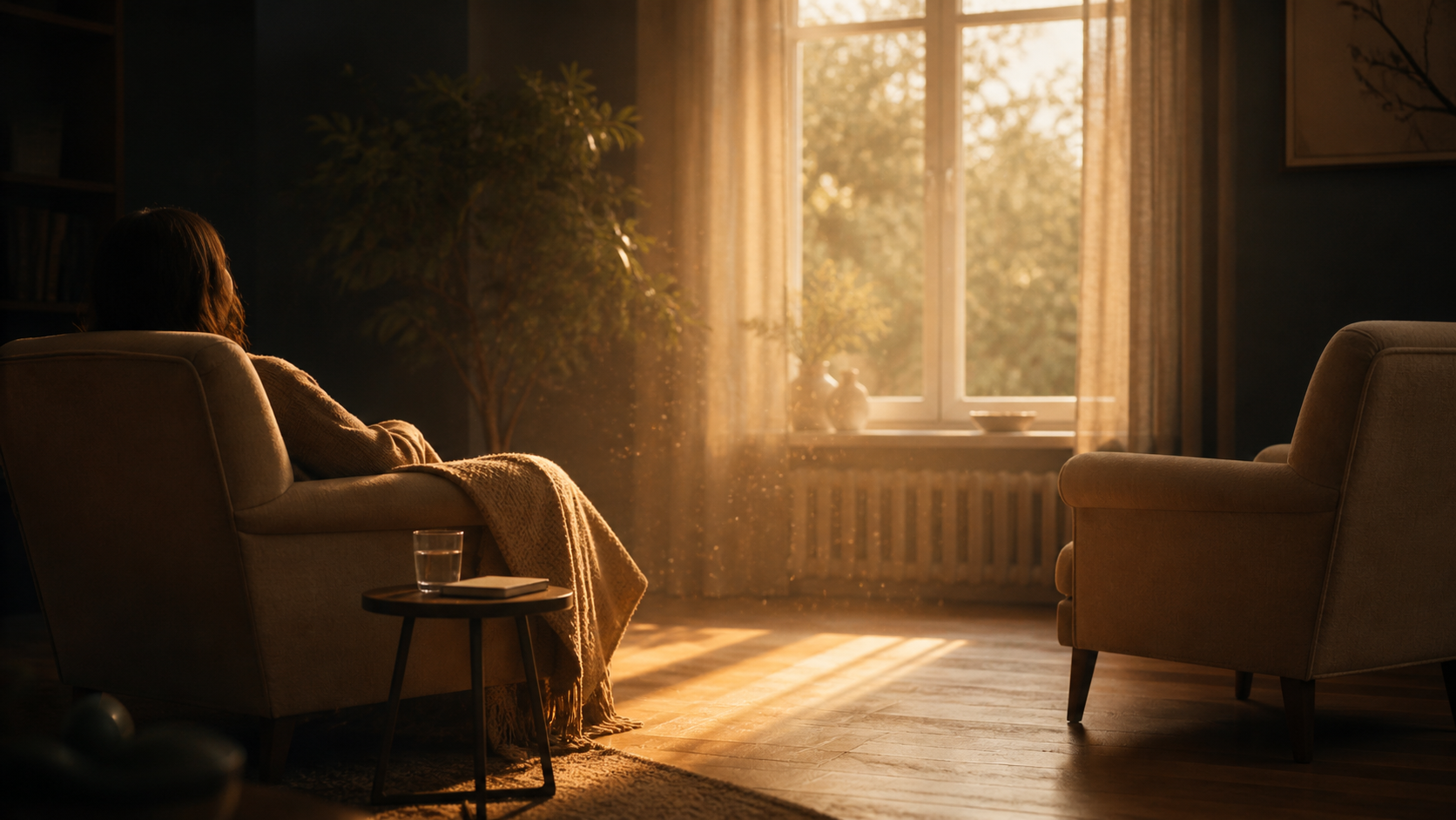 A softly lit therapy session viewed from a respectful distance: a person reclines comfortably in a beige armchair with eyes c